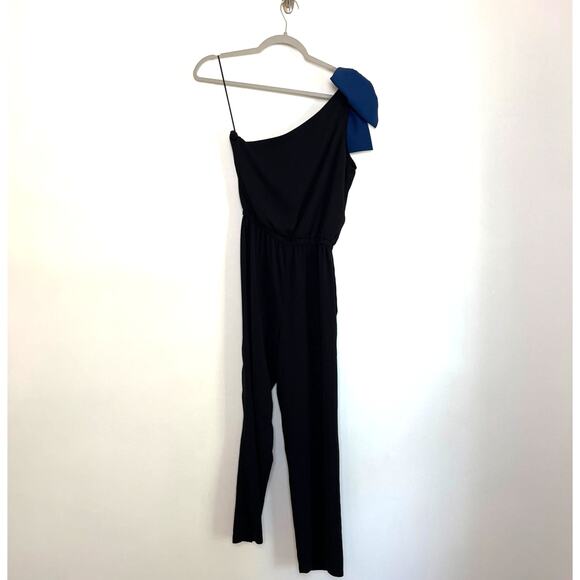 Amanda Uprichard Ramona Black Cropped One Shoulder Blue Bow Jumpsuit Size Small - Picture 2 of 8